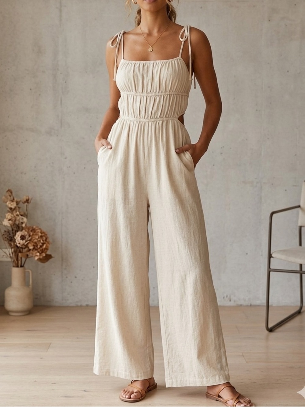 BEIGE BOTANY Cut Out Sides Textured Fabric Fully Lined Pockets Size Small